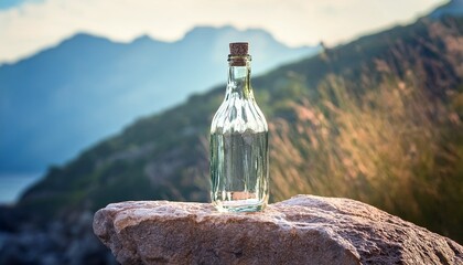 empty glass bottle with rock is on the stone platform