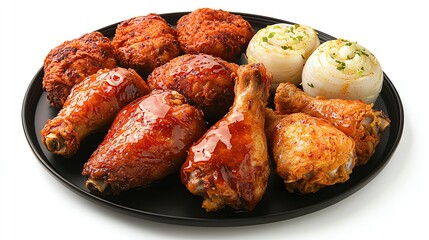 Korean fried chicken with spicy glaze on black plate