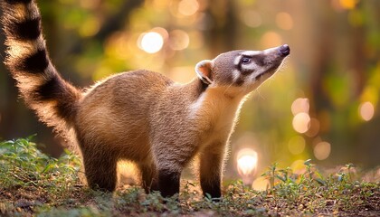 a curious coati peers upwards with its distinctive banded tail curved upwards in soft focus scenery