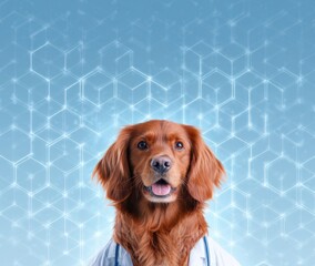 Friendly golden retriever wearing a doctor coat, standing against a blue hexagonal pattern background, ready to assist with care and support for pets