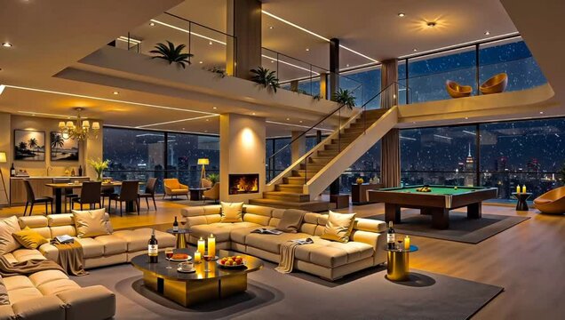A luxury penthouse entertainment room with a professional pool table, a comfortable lounge area, and a fireplace, all with a view of a snowy city at night.