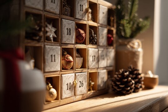 A festive advent calendar with partially opened doors and decorative holiday elements.