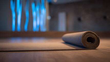 Rolled yoga mat on floor, a moment of calm and readiness for practice