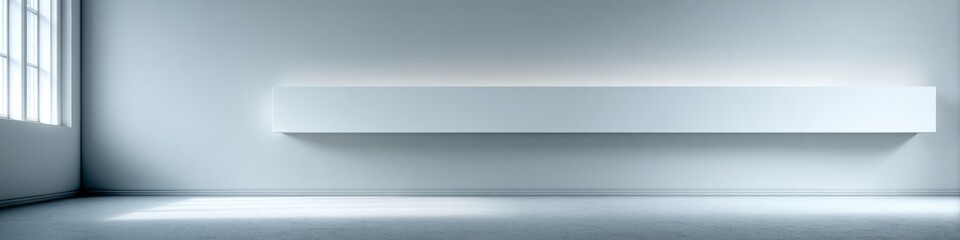 Minimalist interior with a long shelf and natural light through a window.