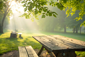 Green Park with Wooden Table and Beams of Sunlight Through Leaves
