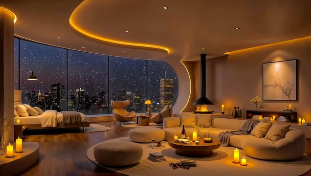 A serene and futuristic penthouse with unique curved windows offering a panoramic view of heavy snow falling over the city. A cozy and modern winter retreat.