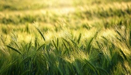 Fototapeta premium lush green wheat field with ripening spikes under soft light