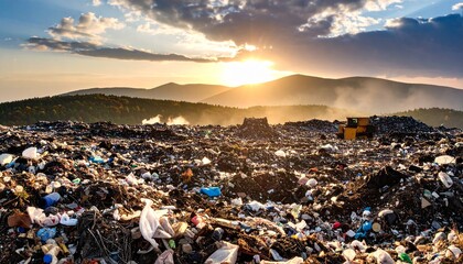 Dramatic Photo of Overflowing Trash Landfill with Massive Garbage Mountains, Highlighting Environmental Pollution, Waste Crisis, and the Impact of Human Overconsumption