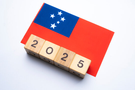 2025, Samoa Flag with date block, Concept, Important events for Samoa the new year, election, economy, social activities, central bank, Samoa foreign policy