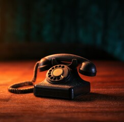 Vintage Black Telephone on a Wooden Surface with Dramatic Lighting in a Mysterious and Nostalgic Atmosphere