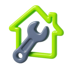 3d icon in plastic style featuring a green house outline and a gray wrench, symbolizing home maintenance, repairs, and construction concepts