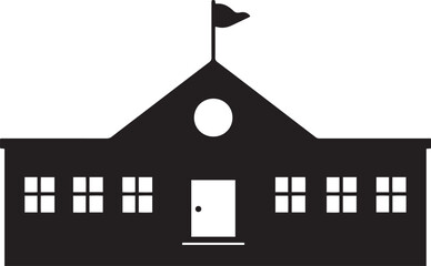 Simple Black and White Schoolhouse Sketch with Bell Tower and Flag