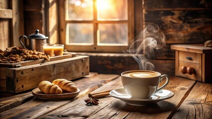 Warm Aromatic Coffee Steam Rising from a Cup on Rustic Wooden Table with Pastries and Spices