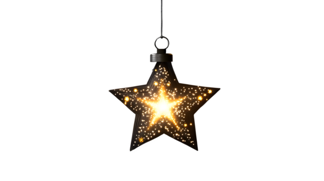 realistic winter star lantern mockup, front view with twinkling lights, isolated on transparent background