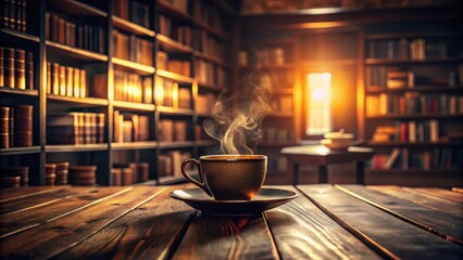 Aromatic Steam Rising from a Warm Mug on a Rustic Wooden Table in a Serene Library Setting