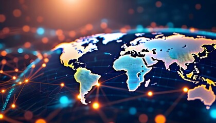 A global network interconnected world map, showing continents and glowing connections.