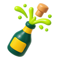 3d icon of a champagne bottle with vibrant green splash elements, showcasing a playful and celebratory theme in a fun plastic style