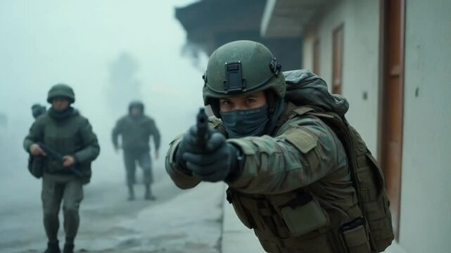 Paratrooper in tactical gear crouches low, scanning the area for threats during a covert operation in darkness