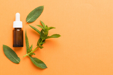 Natural Mint Essential Oil in a Glass Bottle. organic cosmetics with herbal extracts of mint on...