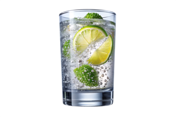 Clear glass filled with sparkling water lime slices and small green fruit spheres isolated on a transparent background