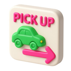 3d icon in plastic style showing a vibrant green car with a pick up sign, emphasizing transportation, movement, and playful design elements for modern applications