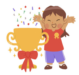 Cute cartoon, A girl celebrate with big trophy clipart for graphic or sticker