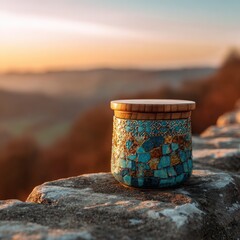 Mosaic jar on a stone wall at sunset