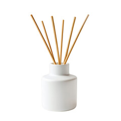 Minimalist white ceramic reed diffuser with natural wooden sticks isolated on transparent background