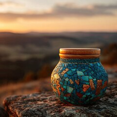 Ornate mosaic jar at sunset
