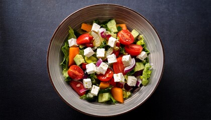 vibrant summer salad with fresh vegetables and feta cheese in a bowl on dark surface healthy eating for vegetarian lifestyle and meal prep