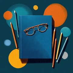 Book, Glasses, and Colored Pencils