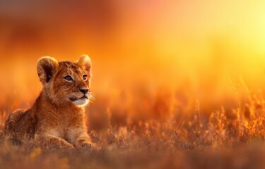 Cute young lion cub resting in the warm evening sunlight, surrounded by a blurred golden landscape of grass and wildflowers in Africa.