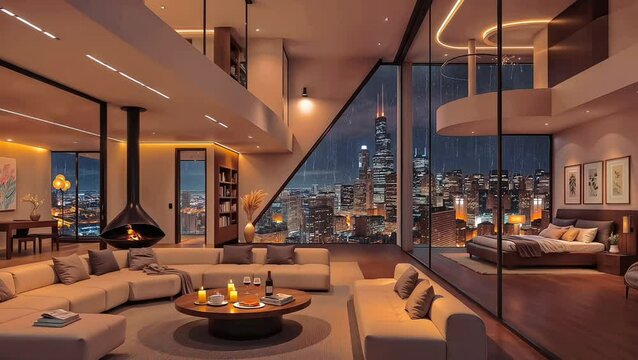 A modern open-concept loft apartment with a suspended fireplace, offering a seamless view of the bedroom and a rainy city through floor-to-ceiling windows.