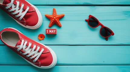 Summer vacation concept with red shoes sunglasses starfish and a calendar for may 1st on a blue wooden background