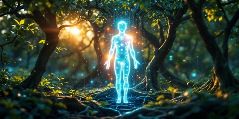 A digital human silhouette glowing with energy in a serene forest setting at sunset, representing a blend of technology and nature.