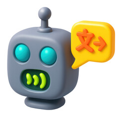 3d icon of a friendly robot with bright eyes and a speech bubble, showcasing playful design in plastic style with vibrant colors and modern aesthetics
