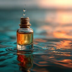 Small glass bottle of liquid on rippled water at sunset