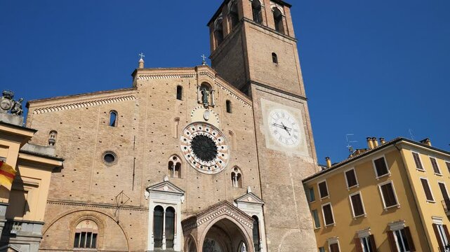 Dome facade and bells tower in the center of Lodi, Lombardy, Italy