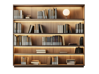 realistic modular smart bookshelf mockup, front view with adjustable lights, isolated on transparent background