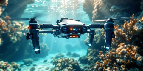 Autonomous underwater drone with cameras exploring vibrant coral reef in clear ocean water, used for marine research, environmental monitoring, and ocean conservation technology.