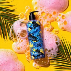 Bottle of soap in bubbly foam