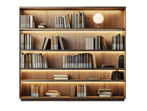 realistic modular smart bookshelf mockup, front view with adjustable lights, isolated on transparent background