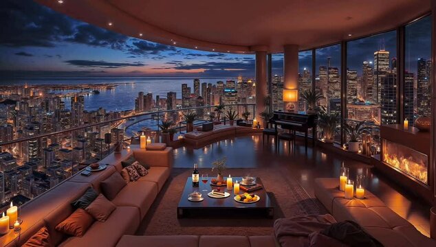 An opulent high-rise apartment living room featuring a grand piano, a large comfortable sofa, and panoramic windows with a breathtaking night view of the city.