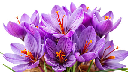 Obraz premium Close up detailed shot of purple saffron flowers with vibrant orange stigmas isolated on a transparent background