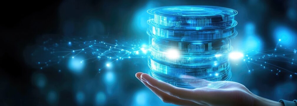 Glowing Discs Held in Hand Digital, Futuristic, Data, Abstract, Information