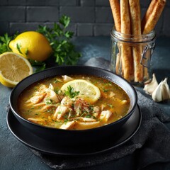 Bowl of hearty fish soup with lemon