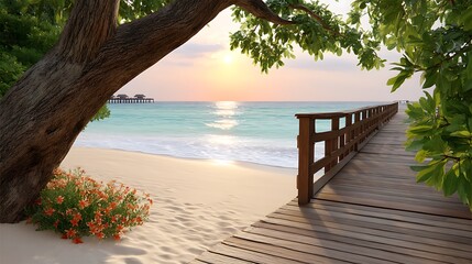 Serene Beach Scene at Sunset with Pier and Lush Greenery