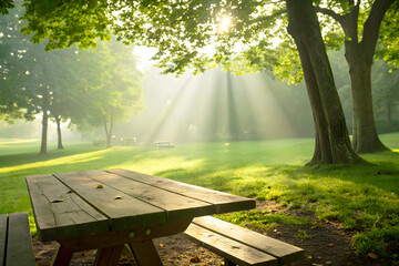 Empty Wood Table in Natural Park with Trees and Soft Sunshine