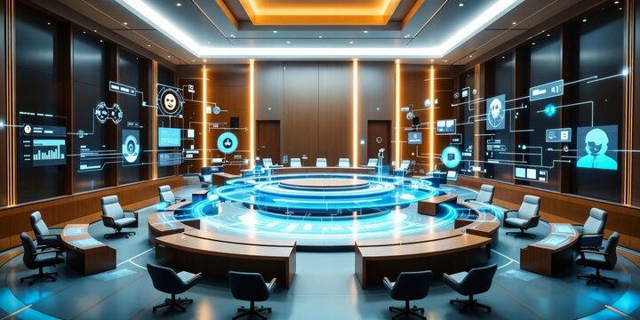 Futuristic courtroom using AI-powered analytics with holographic data, smart interfaces, and global legal visualization for efficient digital justice and high-tech legal systems.