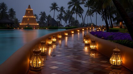 Serene Evening Walkway with Lanterns and Tropical Landscape